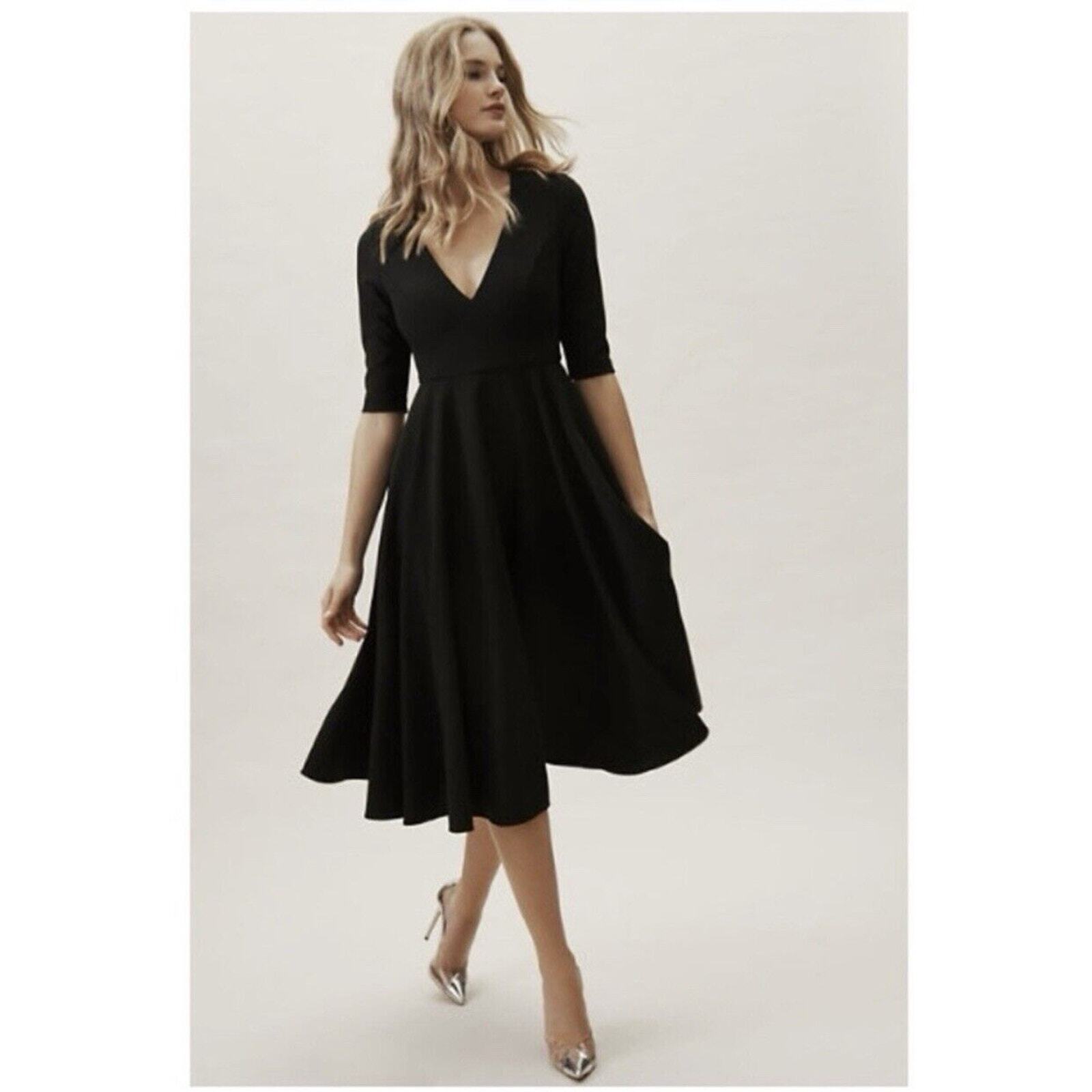 Bhldn Anthropologie Valdis Black V-Neck 3/4 Sleeve Tea Length Dress 4 Nwt